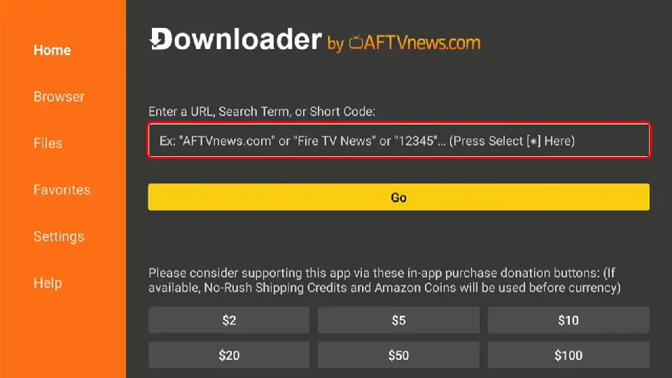 شاشة إدخال الكود المختصر في تطبيق داونلودر على Firestick